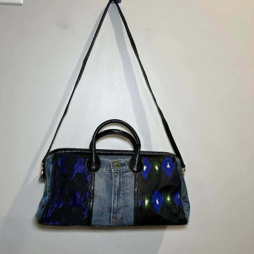Vintage Clever Carriage Company Denim Lace And Leather Patchwork Tote Bag‎